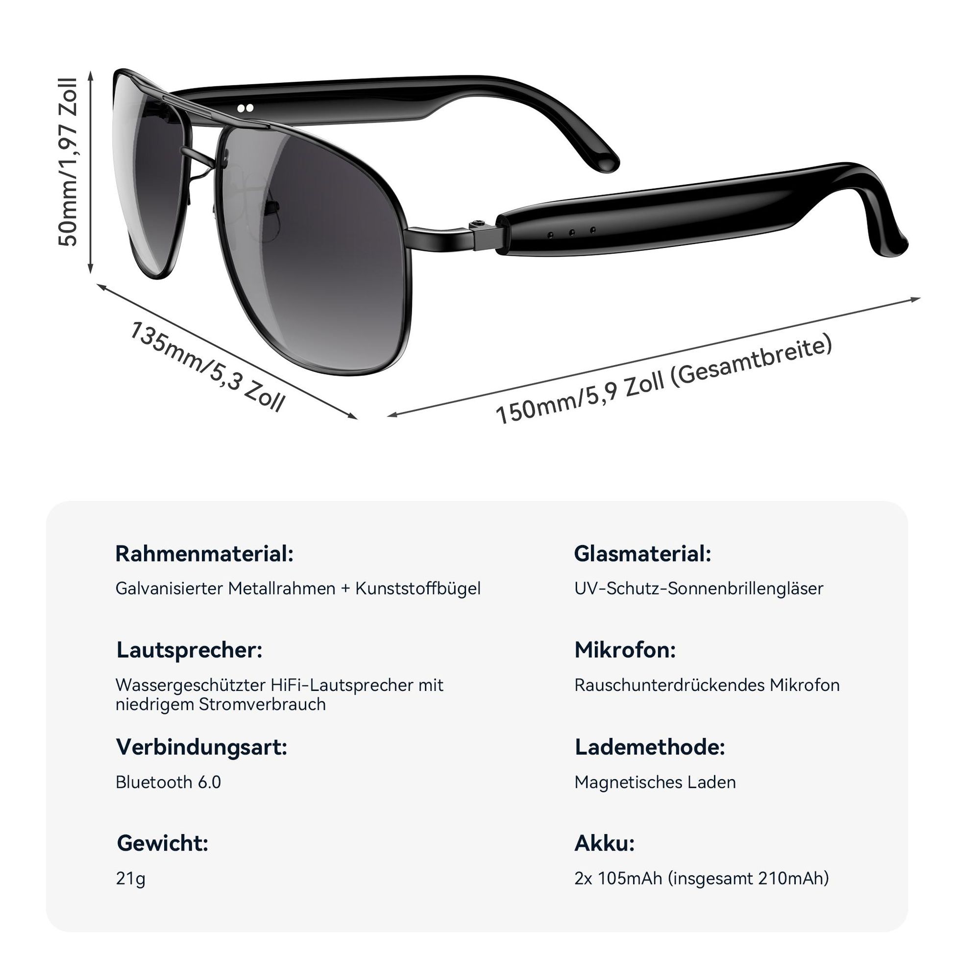 Blackview D1 Pro Smartbrille Bluetooth 6.0, 360° Raumklang, KI-Sprachsteuerung, IP54 Wasserfest, 6 Std. Musik, Leichte Metallbrille mit UV-Schutz