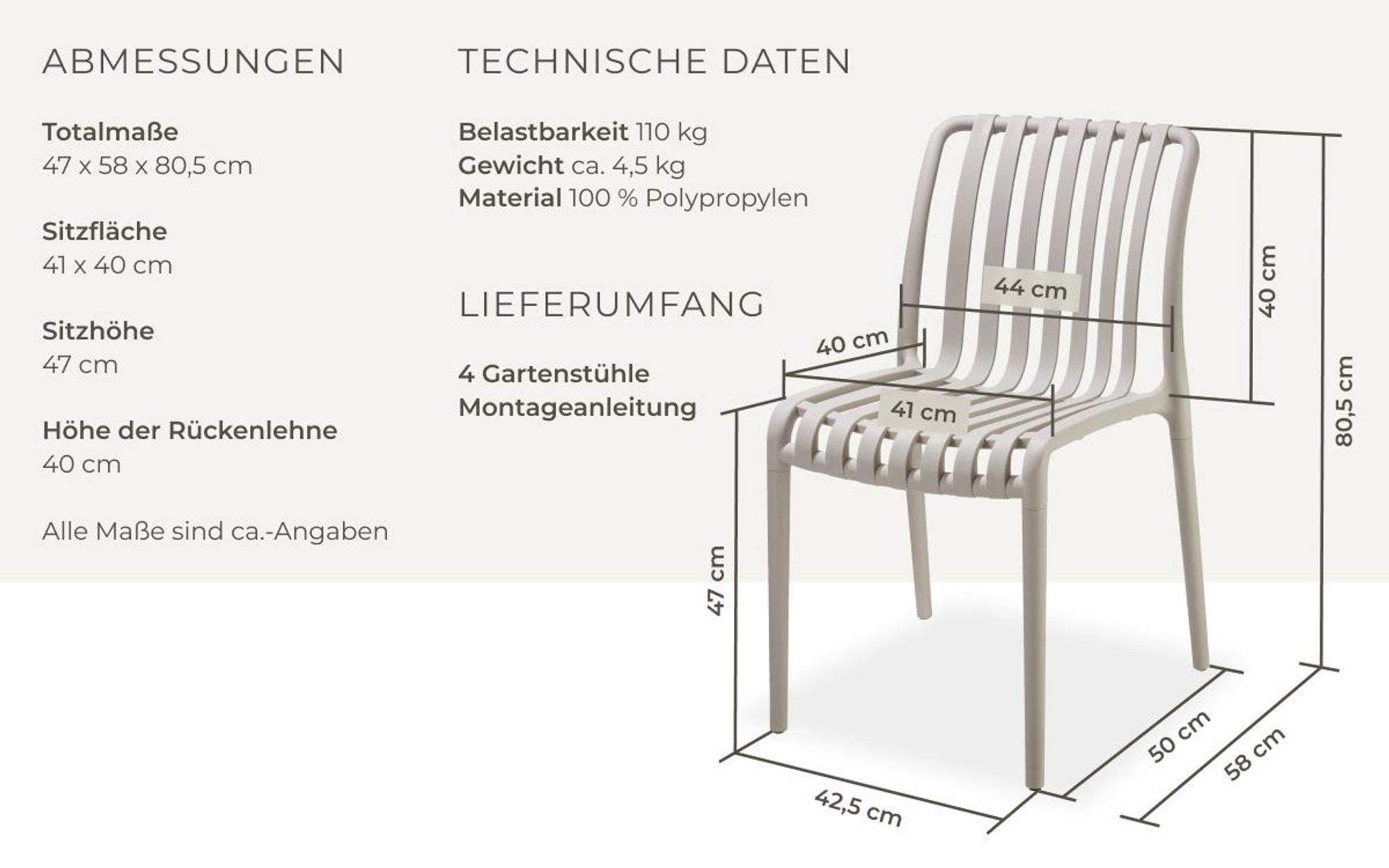 tectake® Gartenstühle Alcudia, wetterfest, stapelbar