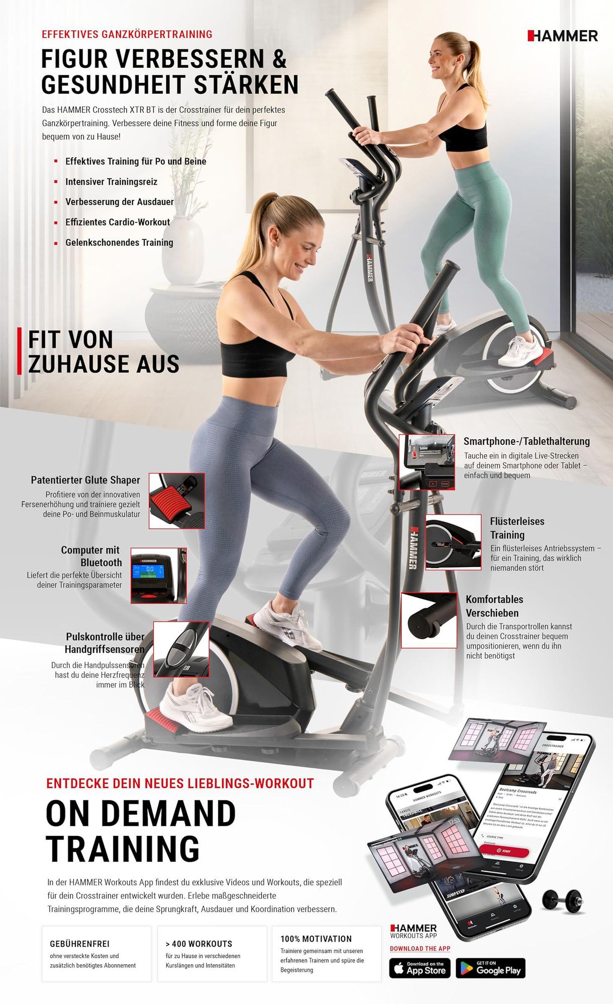 HAMMER Crosstrainer Crosstech XTR BT, 21 Programme, Kinomap, Zwift