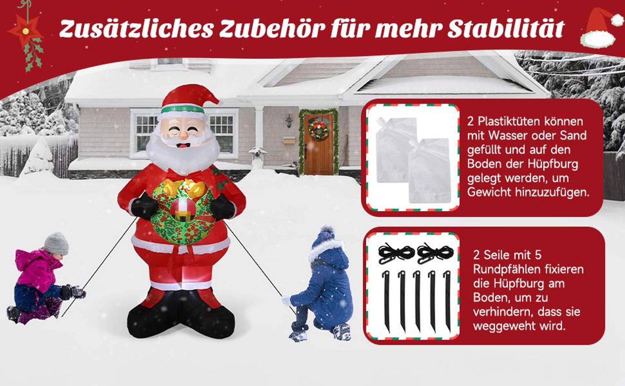 Aufblasbarer Weihnachtsmann 150cm mit Kranz LED Beleuchtung IP44 Außen Weihnachtsdeko Santa Nikolaus Weihnachtsfigur Garten Deko Christmas