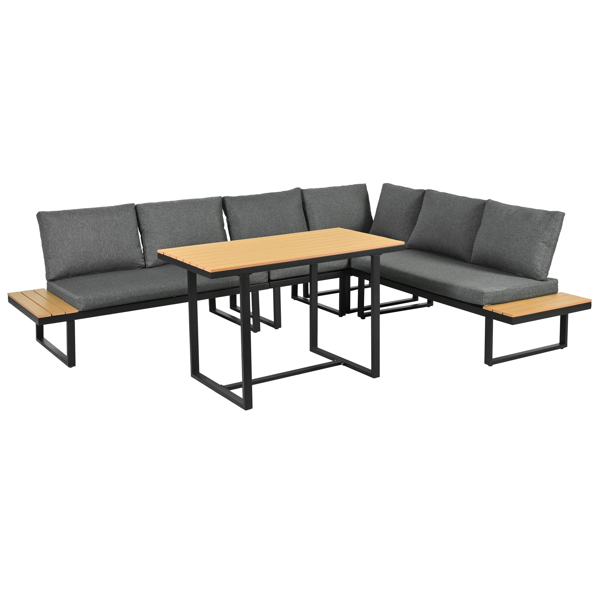Flieks Gartenlounge-Set 5 Teilig, Balkonmöbelset mit Gartentisch für 6 Personen, Gartensofa mit Ecksofa & Stuhl, Couchtisch mit Kunststoffplatte, Grau
