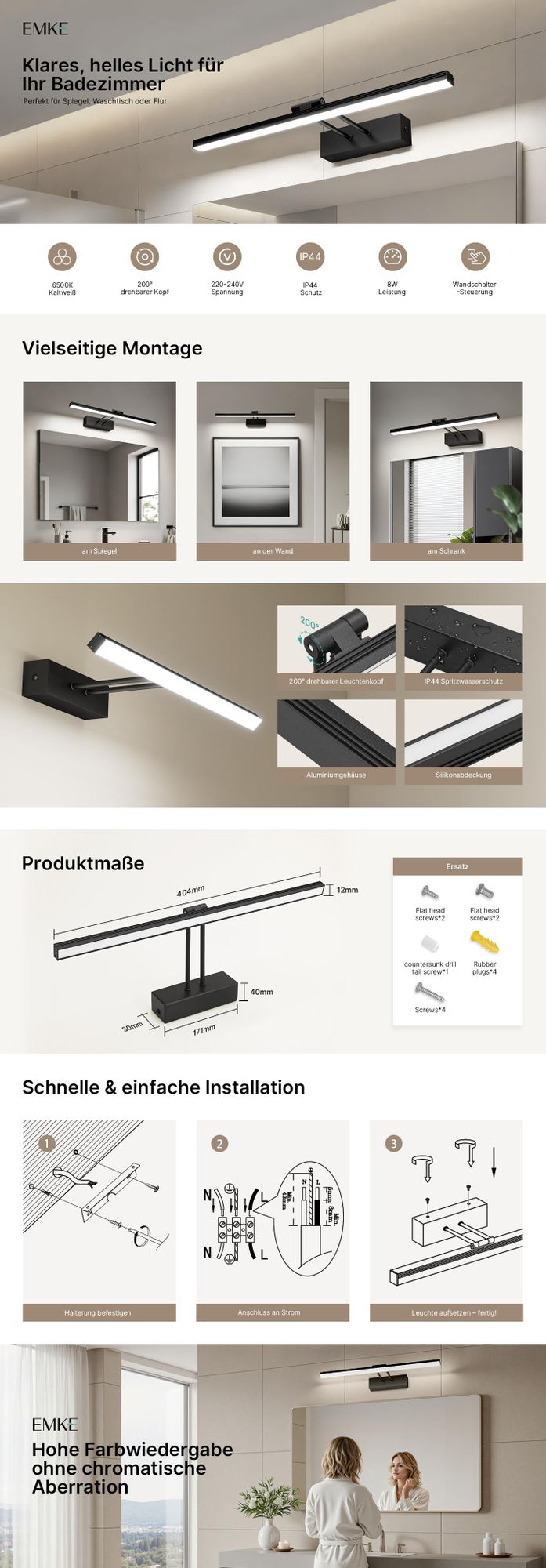 EMKE LED Spiegelleuchte Spiegellampen für das bad IP44 40cm 200° drehbar spiegelleuchte led badSpiegelschrank Beleuchtung 6500K Schrankleu