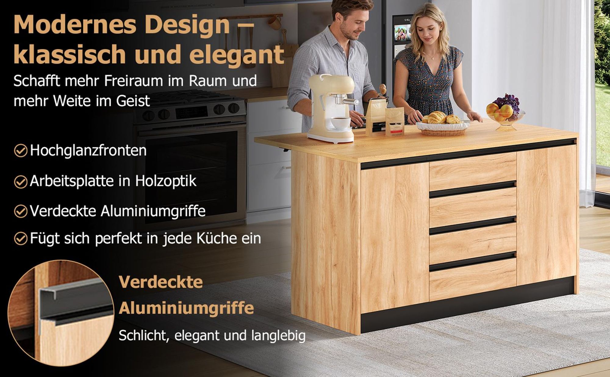 Flieks Kücheninsel mit ausklappbarer Arbeitsplatte, Schubladen und Ablage hinter den Türen, Kücheninsel mit Arbeitsplatte in Holzoptik, Natur