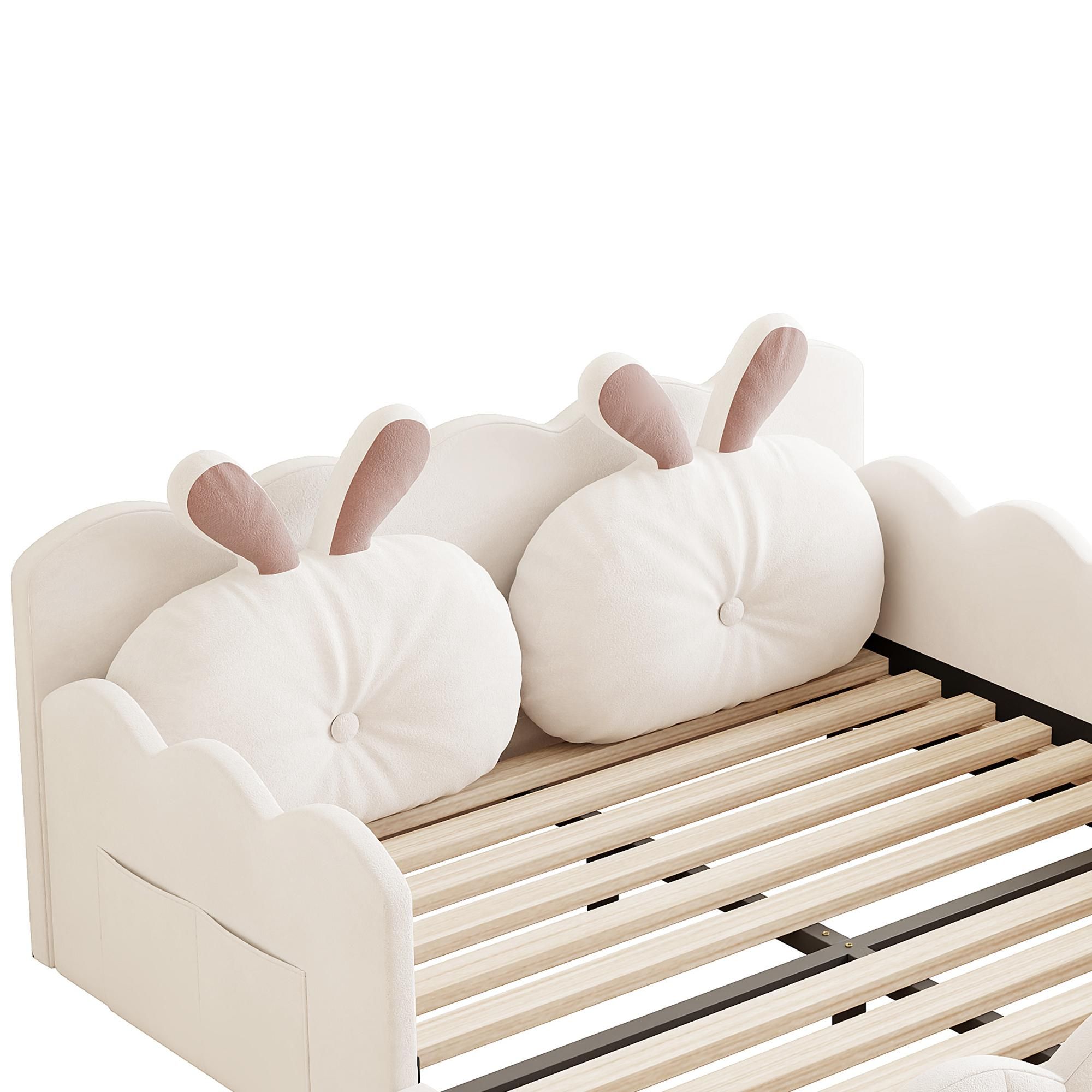 Merax Kinderbett Polsterbett 140x200 cm, Gepolstertes Plattformbett mit Kissen in Kaninchenform, Seitentaschen, Jugendbett, Doppelbett, Beige