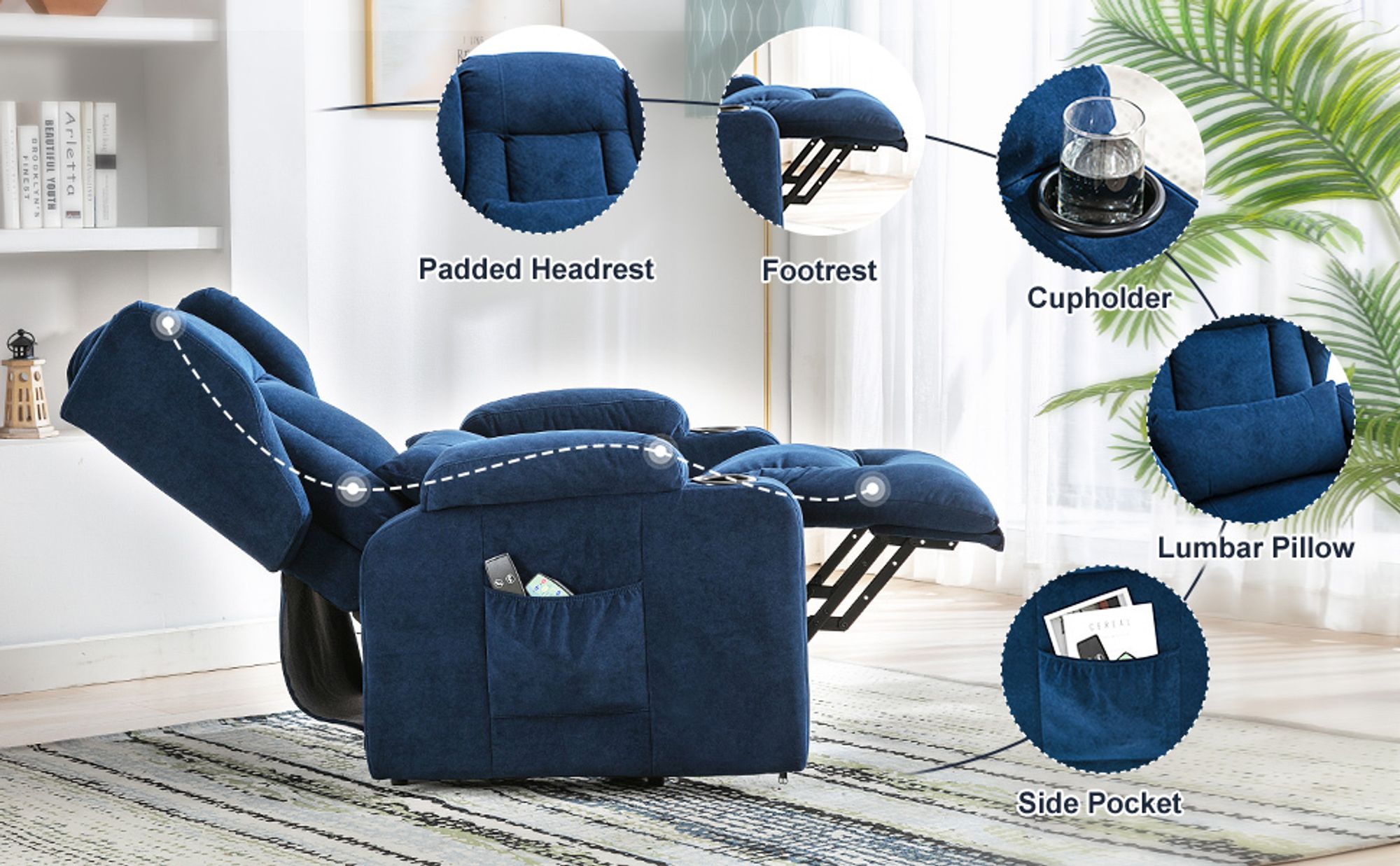 COMHOMA Relaxsessel Aufstehhilfe Massagesessel Fernsehsessel Liege mit Massage Ergonomischer Sessel Stoffoberfläche blau