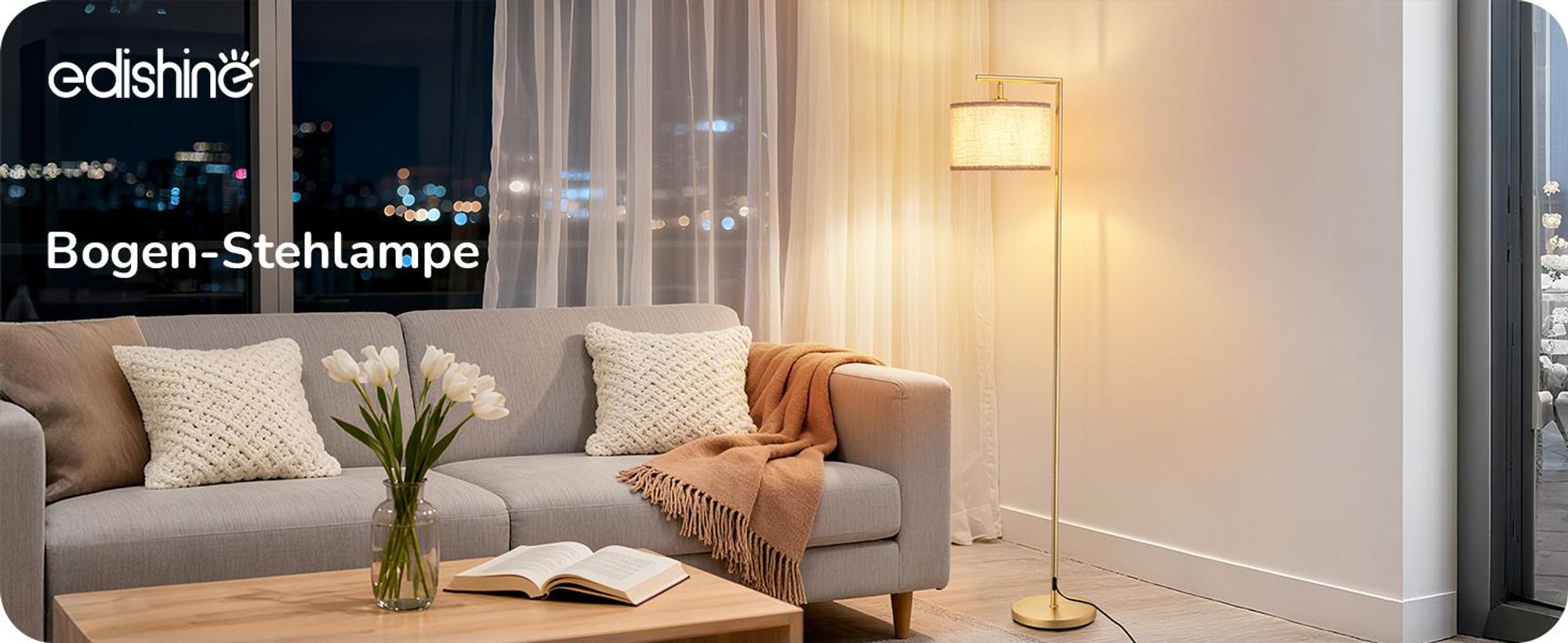 EDISHINE Stehlampe Wohnzimmer Gold, Bogenlampe mit Verstellem Leinen Lampenschirm, Leselampe mit E27 LED Leuchtmittel und Fußschalter, 160cm