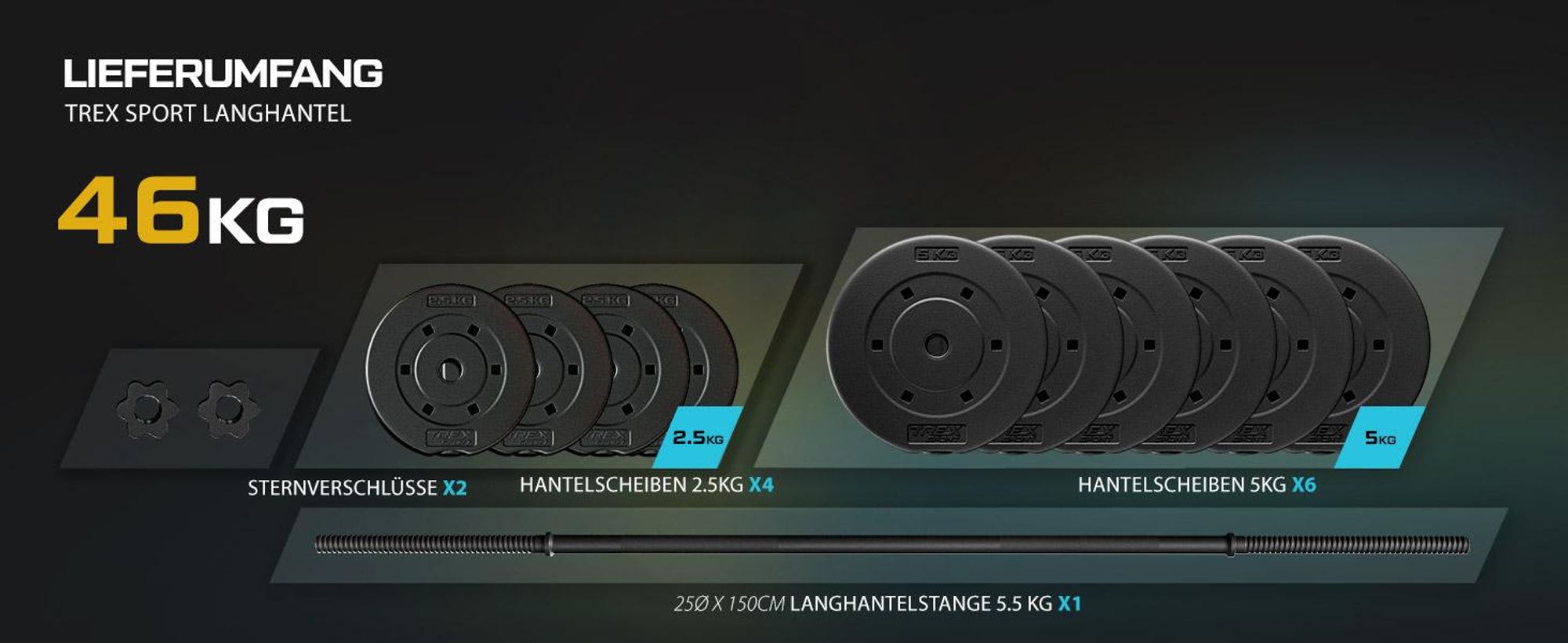 TREX SPORT Langhantel Set | Hantelset 46kg mit Langhantelstange 150cm, Kunststoff Hantelscheiben, Sternverschlüsse, langlebig | Home Gym Krafttraining