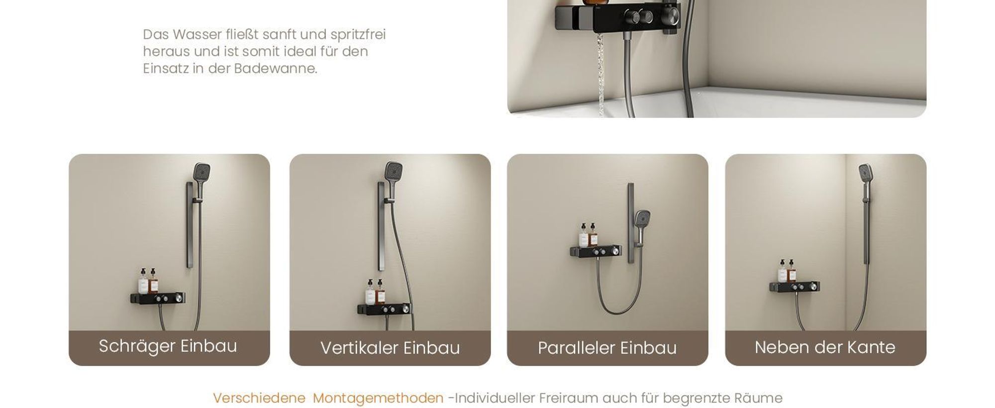 EMKE Duschsystem mit Thermostat geteilt Matt Anthrazit höhenverstellbar Duschstange 3 Strahlarten Handbrause Wasserfluss einstellen Flexibler Montage