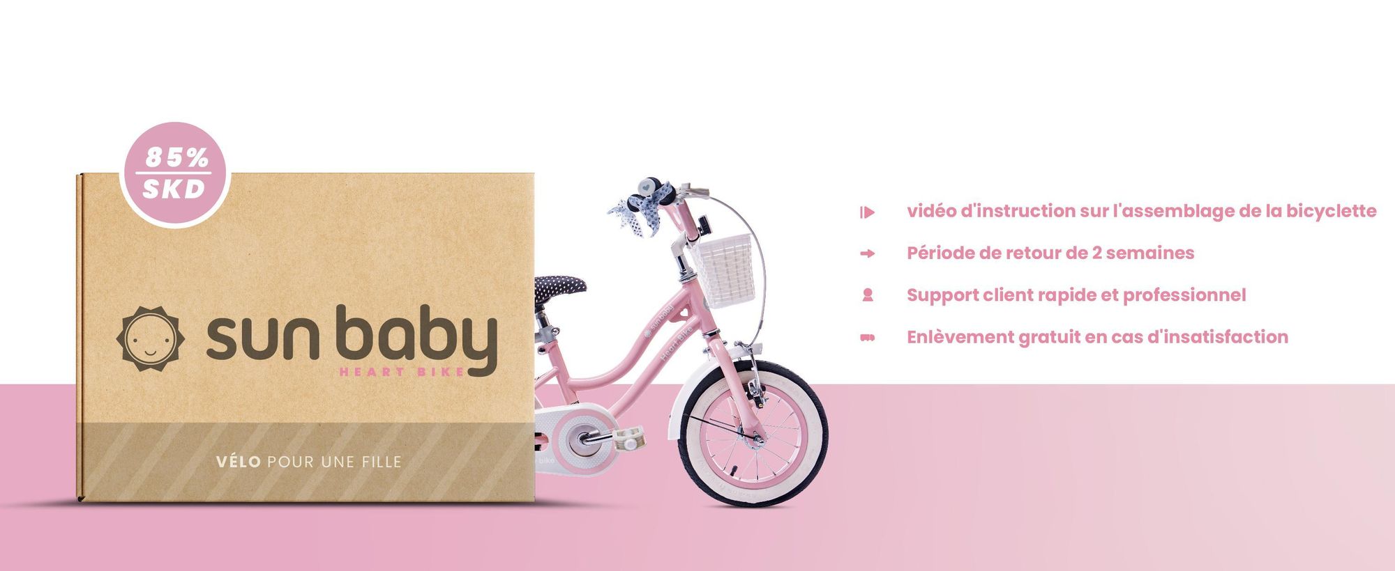 Vélo pour filles SUN BABY Heart Bike 12 pouces, à partir de 2 ans, avec roues stabilisatrices, barre de poussée amovible, panier, sonnette, frein à rétropédalage et frein V-Brake