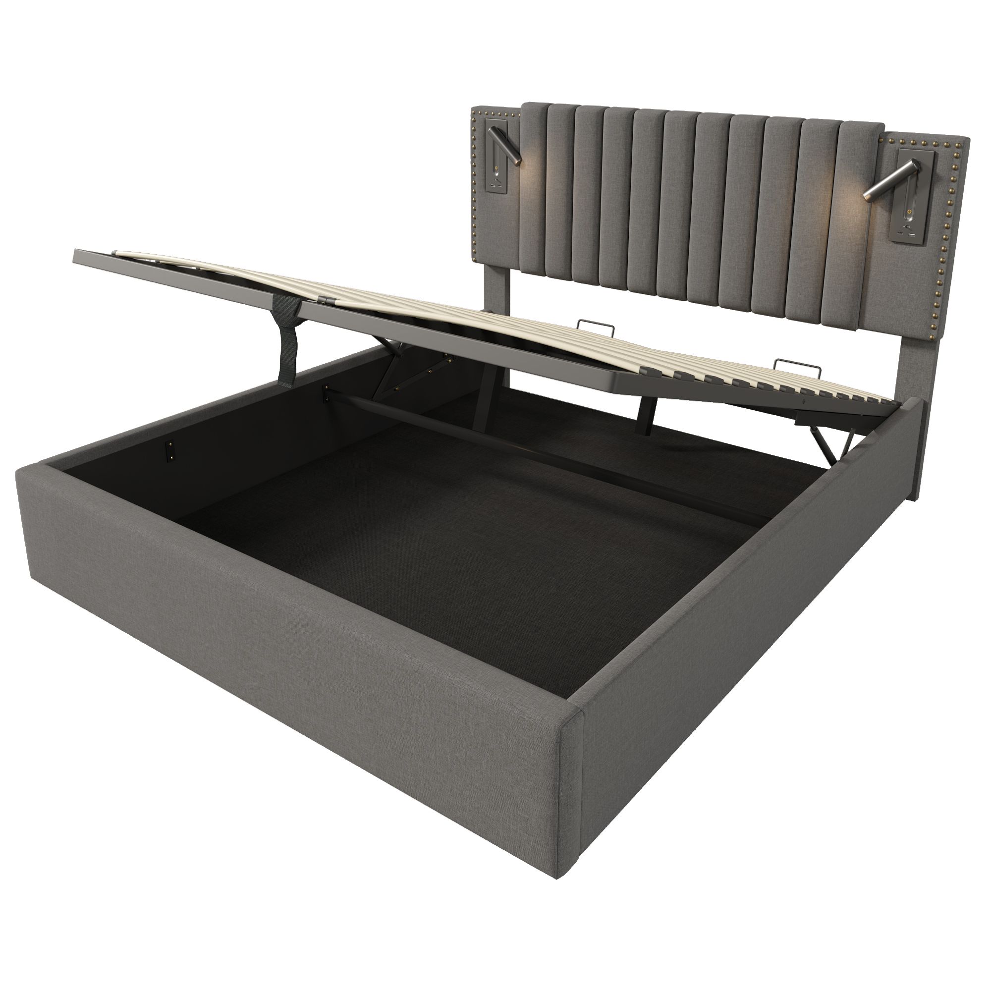 Flieks Polsterbett 140x200cm mit Leselampe, Doppelbett Stauraumbett Boxspringbett mit Ladefunktion (USB, Typ-C), Jugendbett mit Lattenrost, Baumwolle