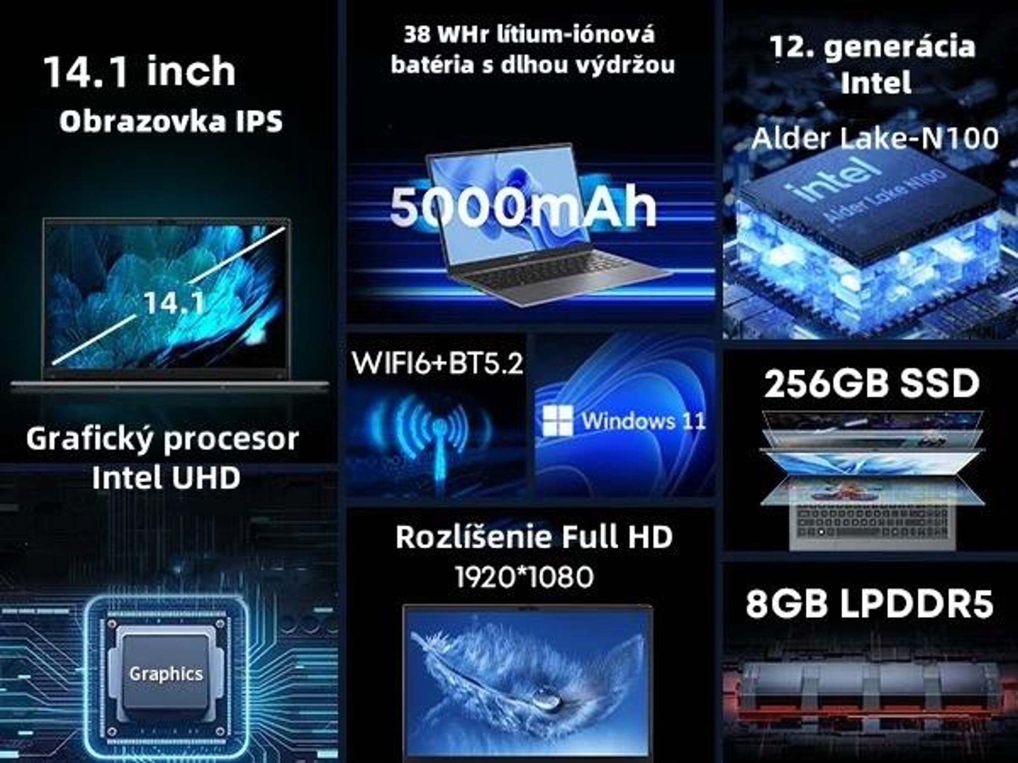 Notebook CHUWI GemiBook XPro - Procesorom Intel N100 Displej 14.1" Windows 11 8+256GB Batéria 5000mAh - Sivá