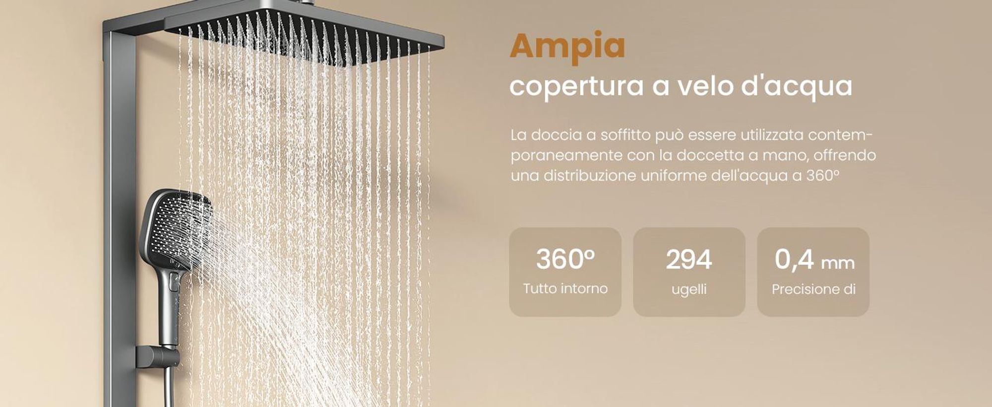 Sistema doccia EMKE con termostato, antracite opaco - Flusso d'acqua regolabile, doccia a pioggia 36x24 cm, doccetta con 4 getti