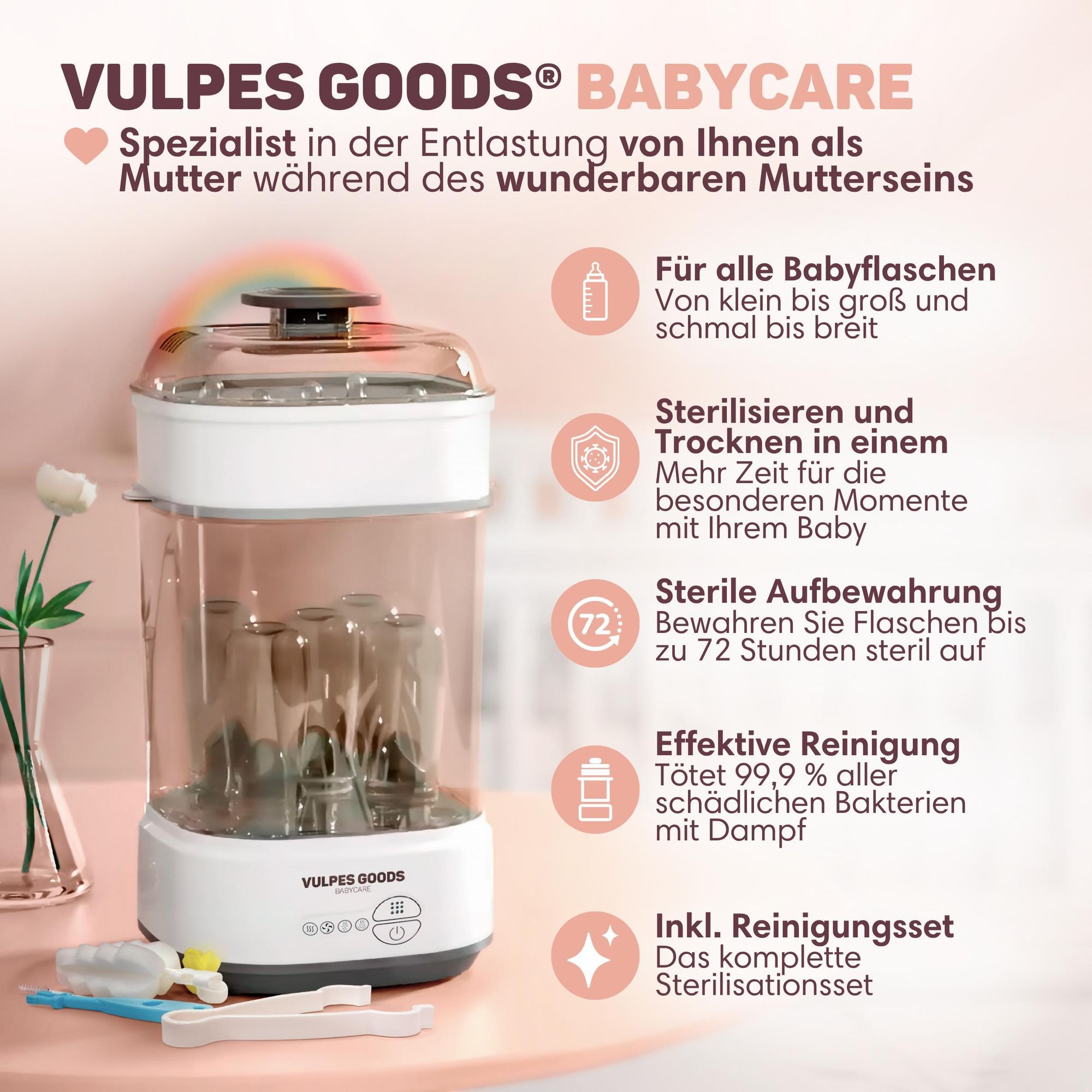 Vulpes Goods PRO Sterilisator für Babyflaschen 5-in-1 Komplettfunktion, Flaschensterilisator Baby Reinigungsset mit Dampftechnologie