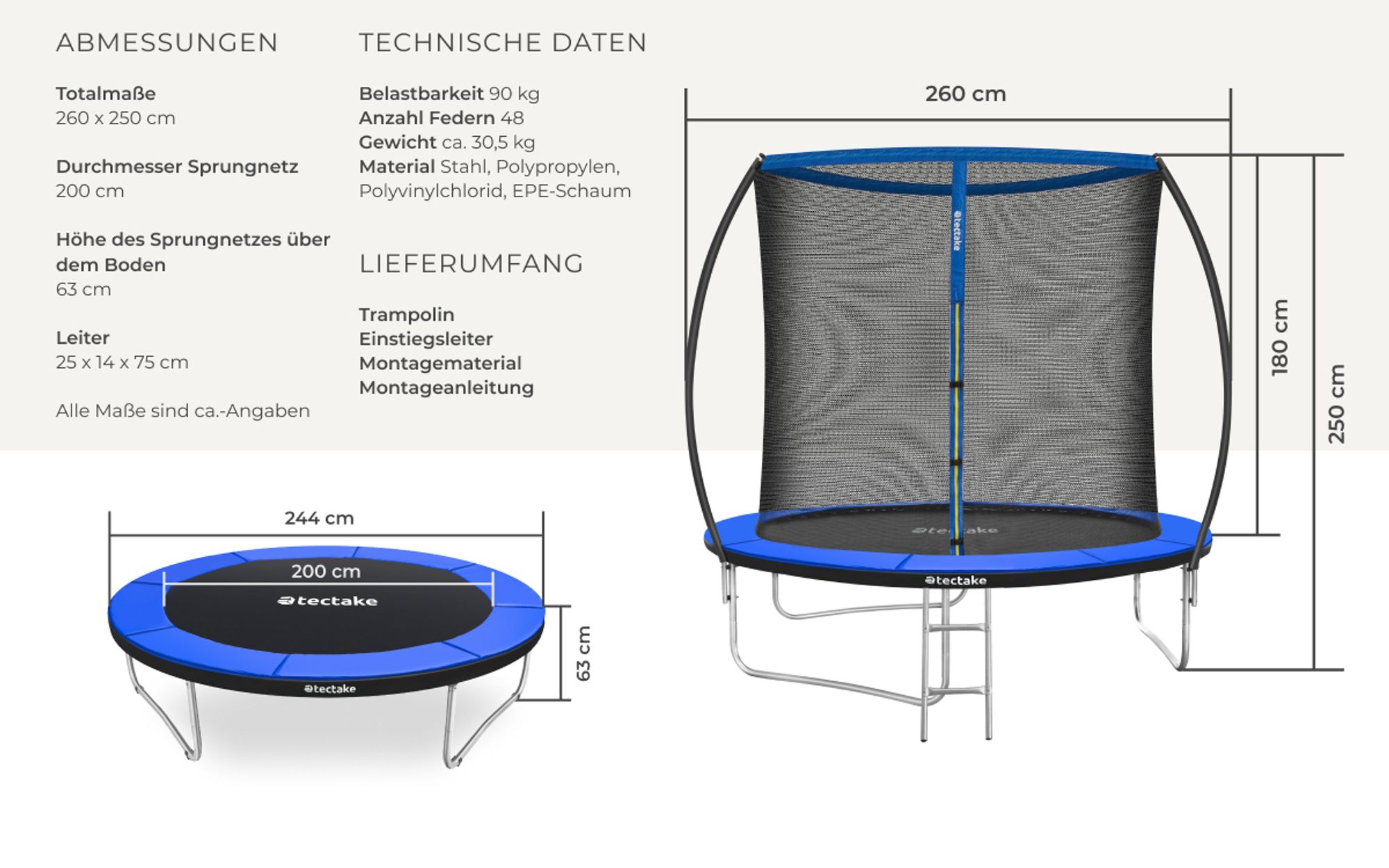 tectake® Trampolin Jumpy Ø 244 cm, GS- mit Sicherheitsnetz