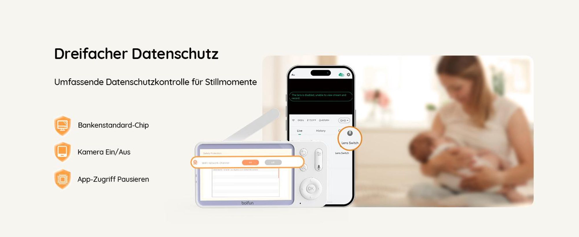 5 Zoll Babyphone mit Kamera 2K Babyfon Video PTZ 355° Bewegungs und Geräuscherkennung Temperatur Luftfeuchtigkeit mobiles Tracking