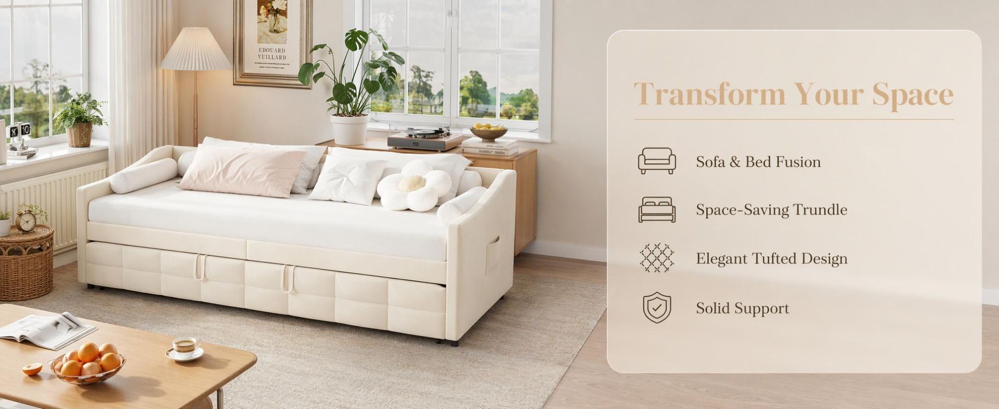 INONEFT Polsterbett Schlafsofa 90x200cm mit Ausziehbett ,Tagesbett mit Lattenrost und Armlehnen,Jugendbett,Samt, Beige