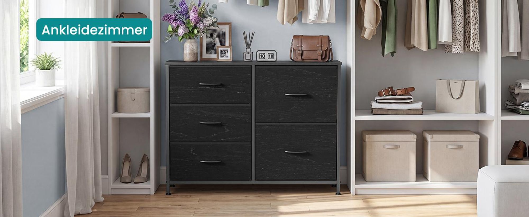 SONGMICS Kommode mit 5 Schubladen, Schubladenschrank mit Metallgestell, 98,7 x 30 x 74,7 cm, Schwarz