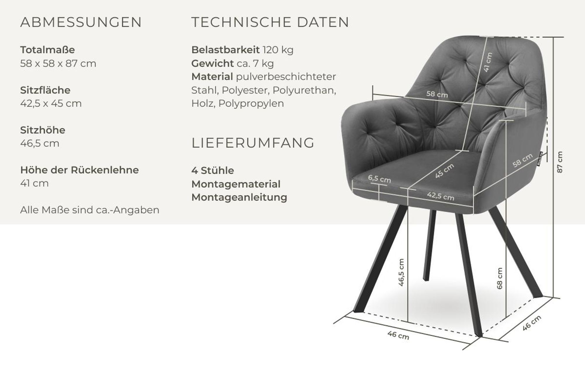 tectake® Drehbarer Samt-Armlehnstuhl Lucia gepolstert, mit Steppmuster 58 x 58 x 87 cm
