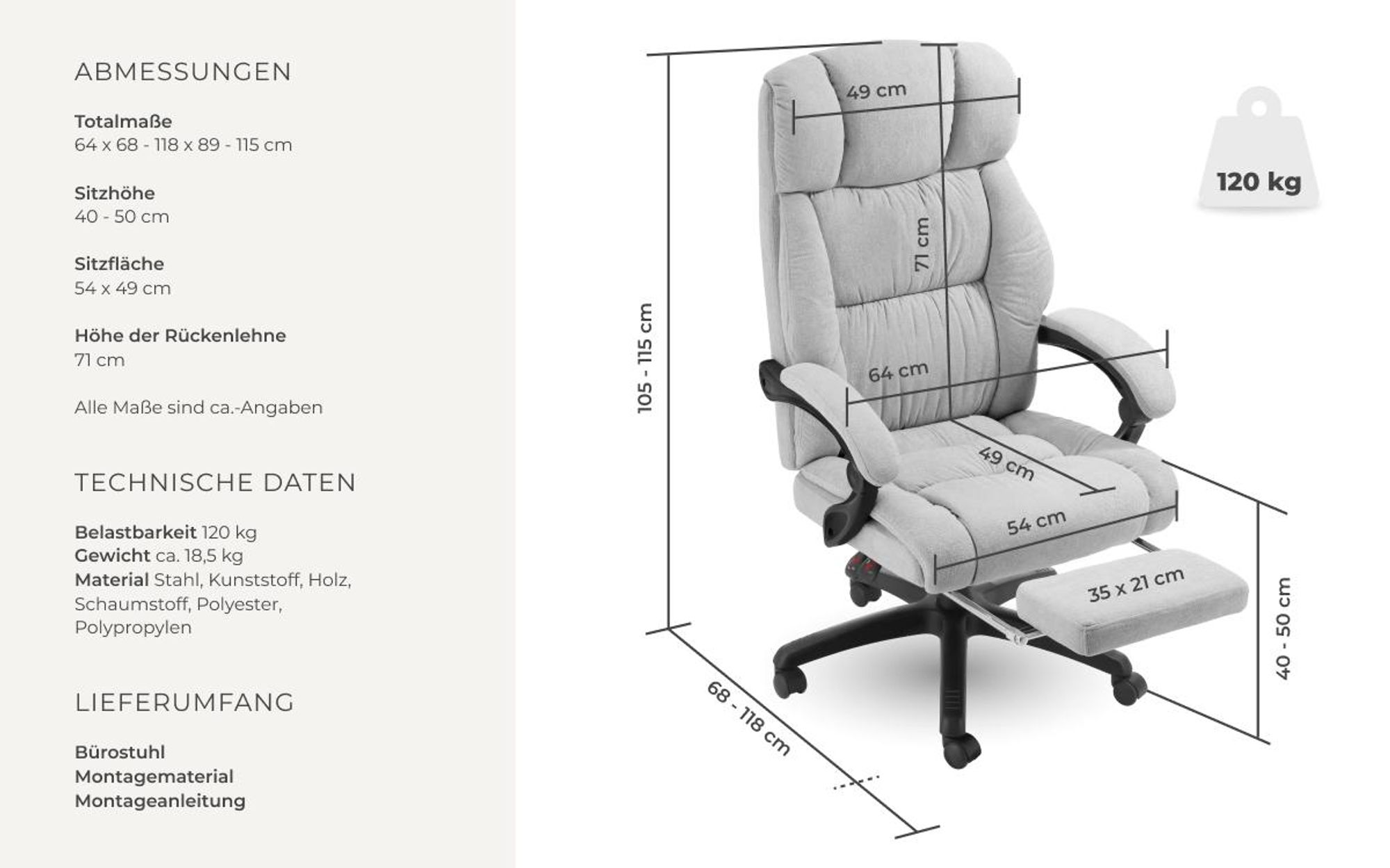 tectake® Bürostuhl Jillien 360° drehbar, stufenlos höhenverstellbar