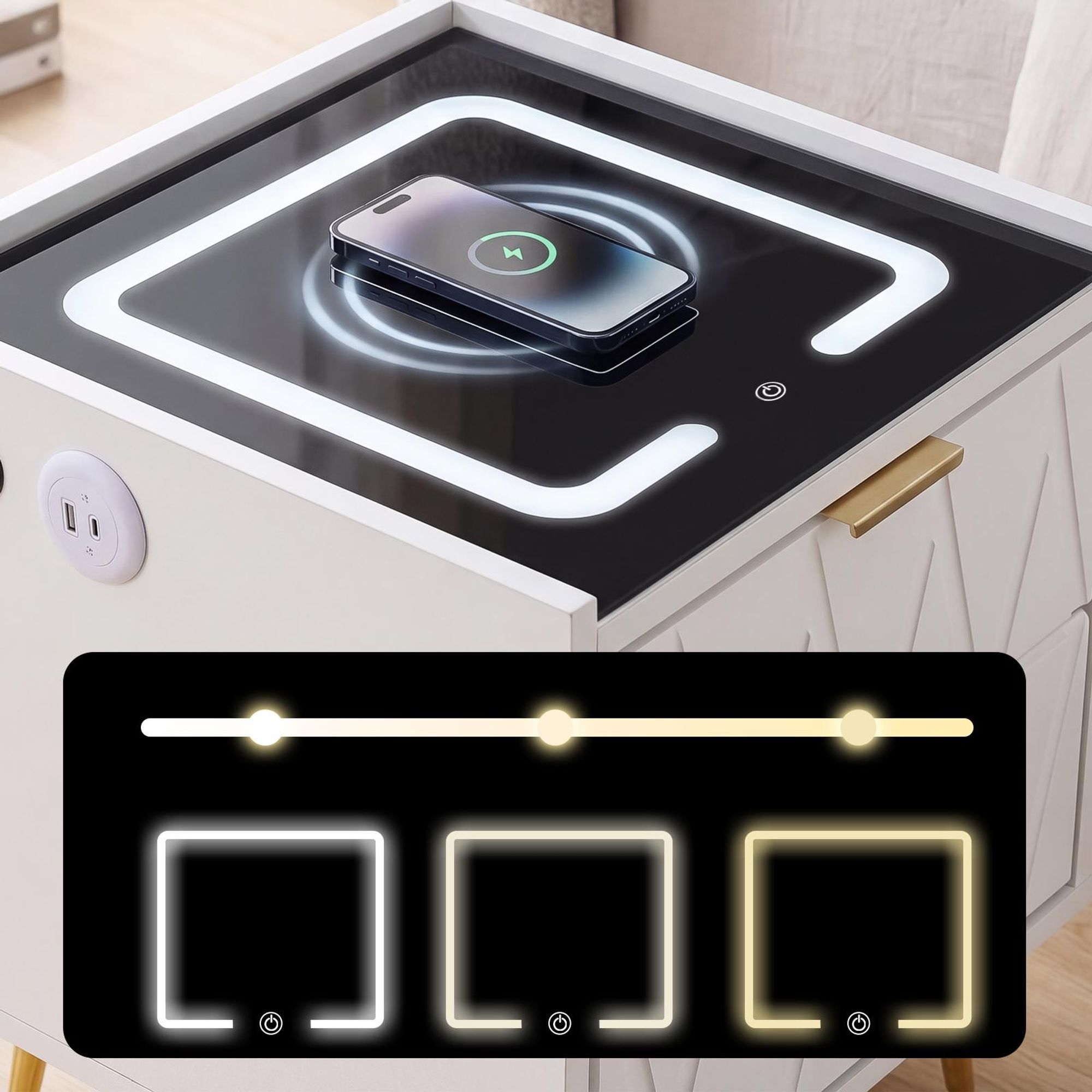 OYAJIA Nachttisch Nachttisch mit LED-Beleuchtung, Beistelltisch mit 15W Kabelloses Laden mit USB + Type-C, Beistelltisch, 2 Schubladen, modern