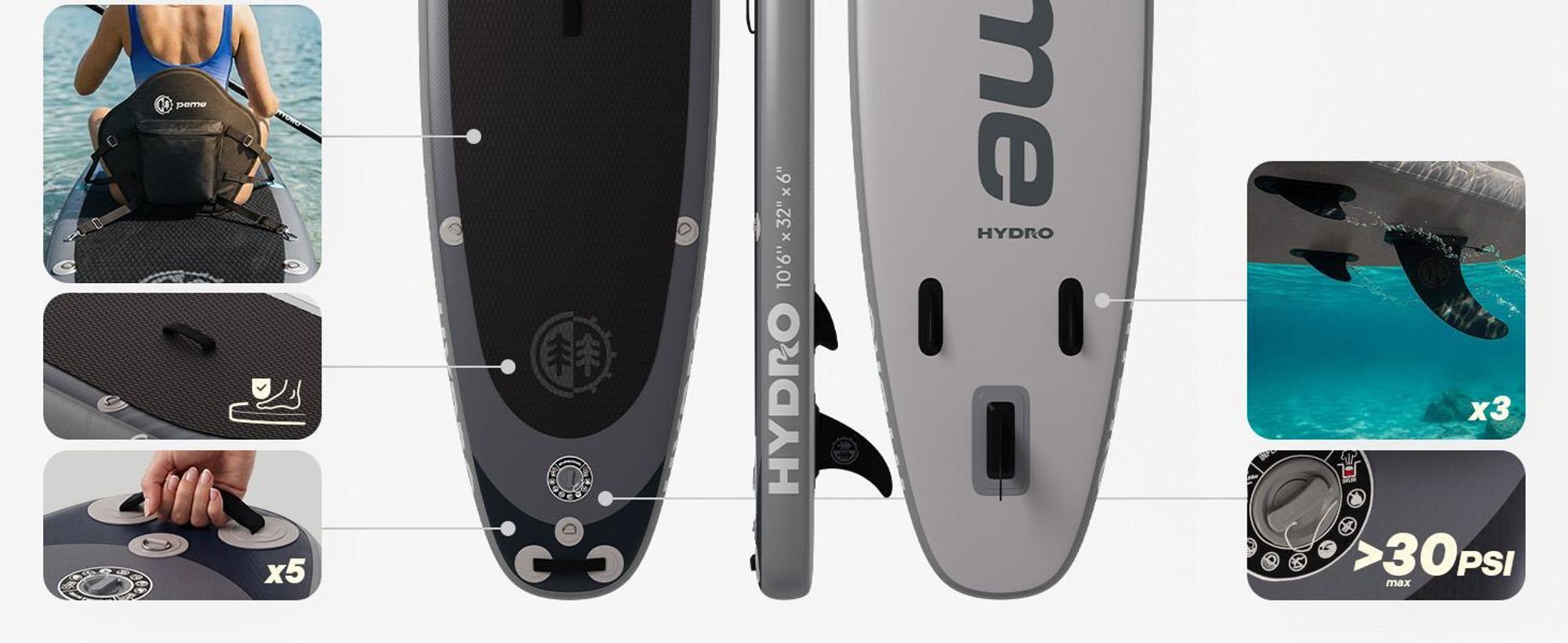 PEME Stand Up Paddle Board – Dark Sky – 350 cm – dvojité pádlo a kompletné príslušenstvo, SUP, nafukovacia surfová doska – sivá a čierna