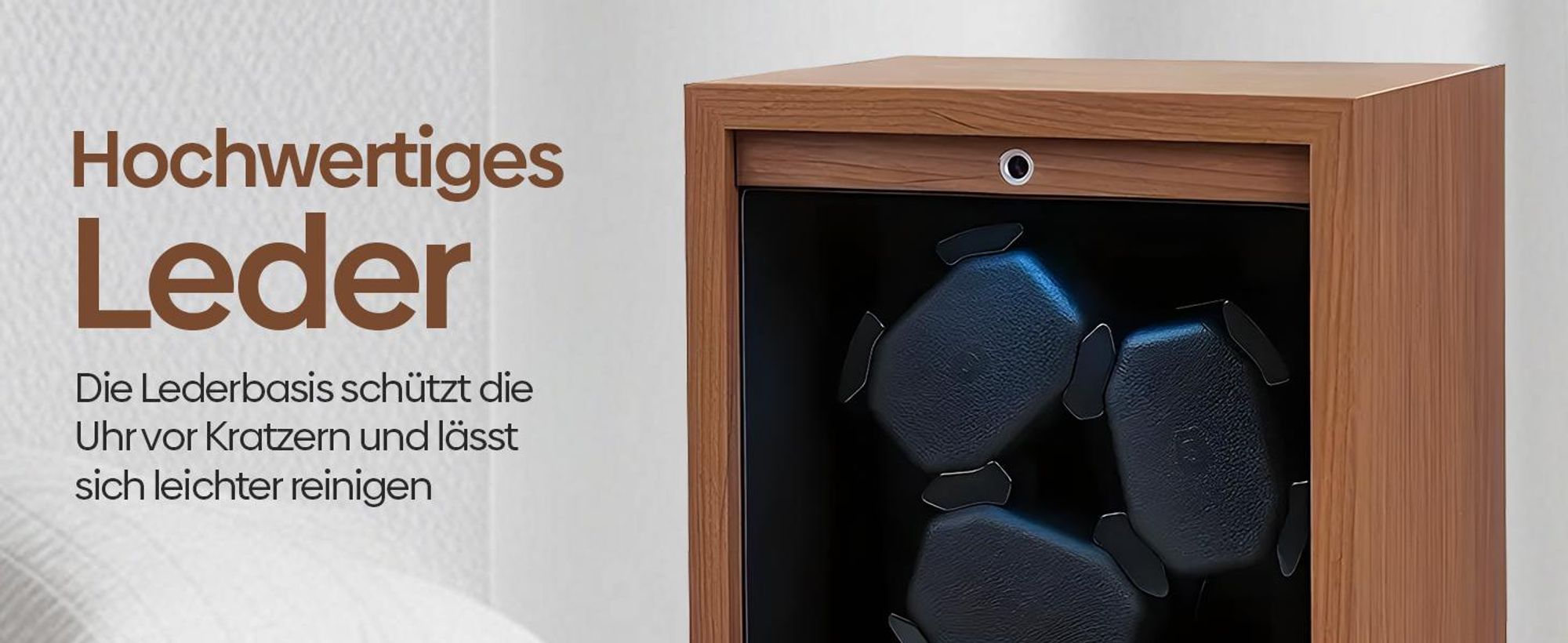 Olvy Uhrenbeweger für 3 Uhren, LED-Beleuchtung, Watchwinder Box Holz, Extrem Leiser Mabuchi Motor, Flexiblem Uhrenkissen, Watch Winder