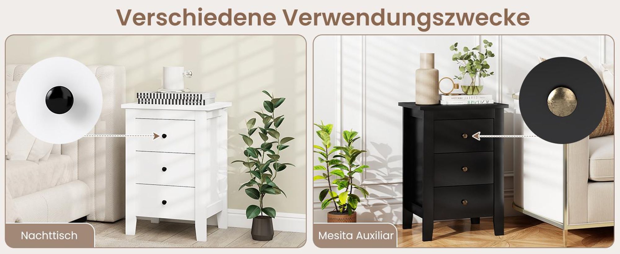 COSTWAY 2er Set Nachttisch mit 3 Schubladen, Nachtschrank für Boxspringbett, Beistelltisch, Nachtkommode für Wohnzimmer Schlafzimmer, Schwarz, 46 x 37 x 65 cm