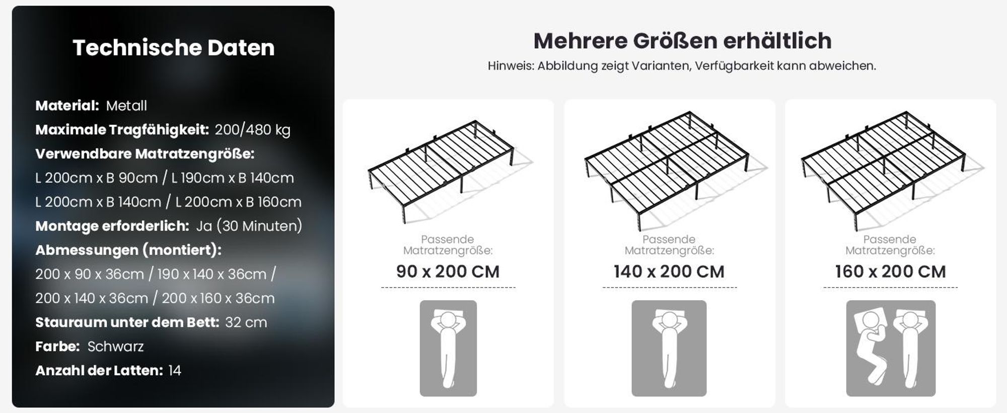 KUTAS Klassische Betten 90x200, Metallbett Schwarz mit 32 cm Stauraum, Kopfteil-Bohrungen, leises Bettgestell
