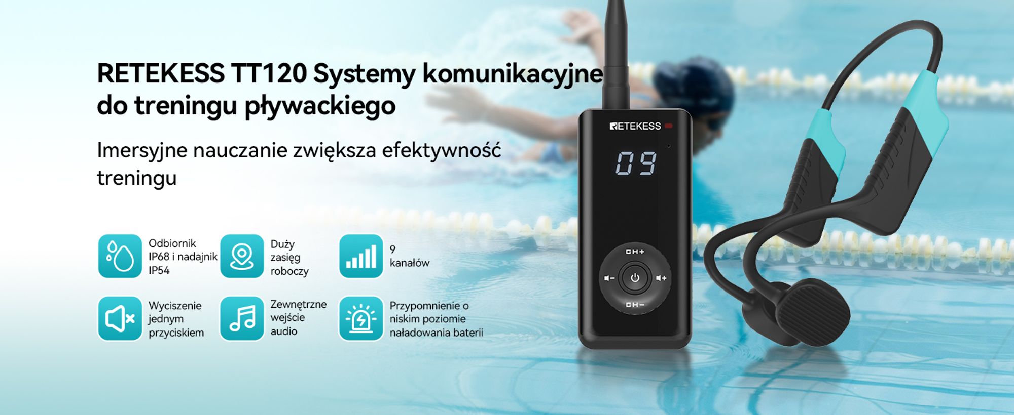 Komunikator dla trenerów pływania Retekess TT120, słuchawki do pływania wodoodporne IP68, przewodnictwo kostne, (1 nadajnik, 5 odbiorników)