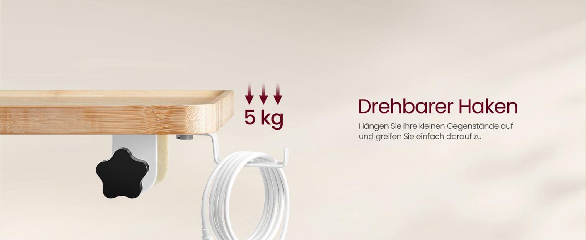 VASAGLE Bettablage, Nachttisch zum Einhängen, mit Handyschlitz, drehbarem Getränkehalter, verstellbarern Klemmen, Naturbeige