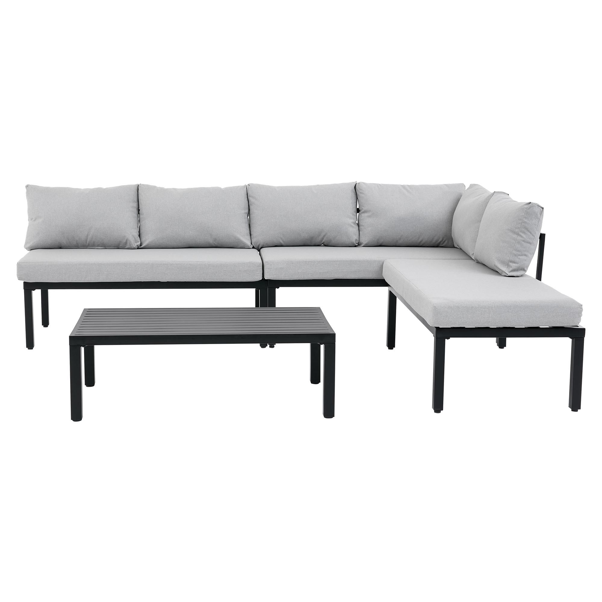 Flieks Gartenloungeset 6 Sitzer, Gartensofa mit abnehmbaren Rückenlehnen, Gartenmöbelset mit Esstisch für 6 Personen, Sofagarnitur Gartengarnitur Grau