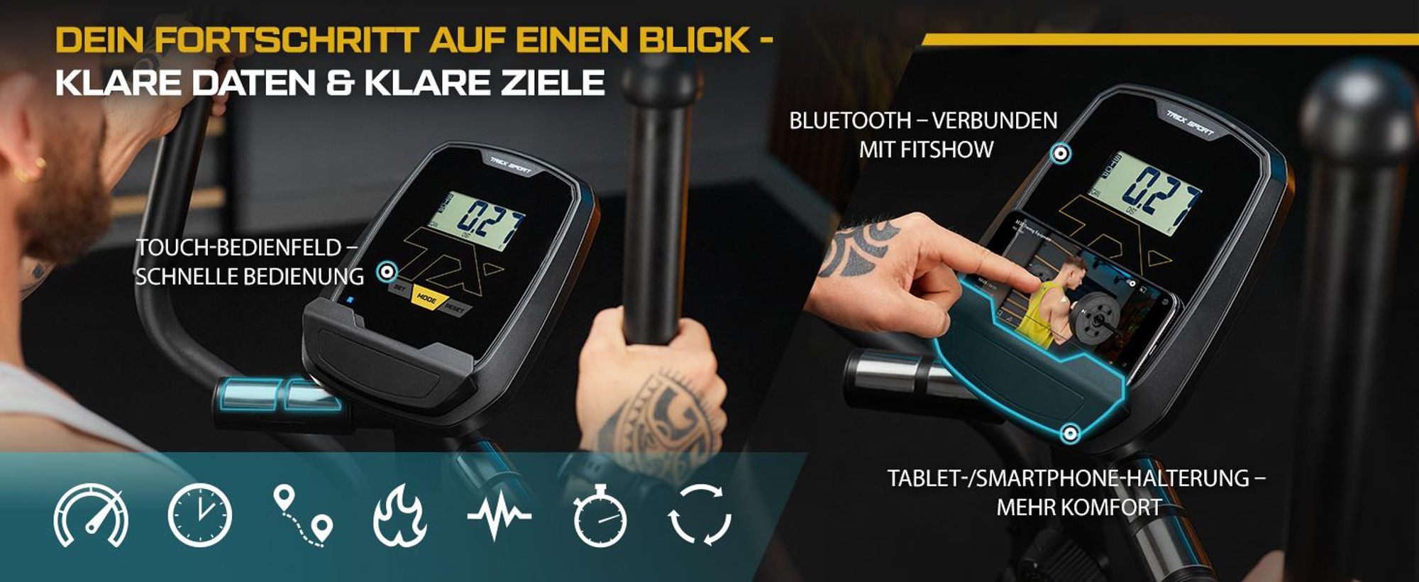 TREX SPORT Crosstrainer für zuhause TX-700CT STEEL | Ellipsentrainer, 14-stufiger Widerstand, Pulssensoren, Bluetooth | Trainingsprogramme, bis 125 kg