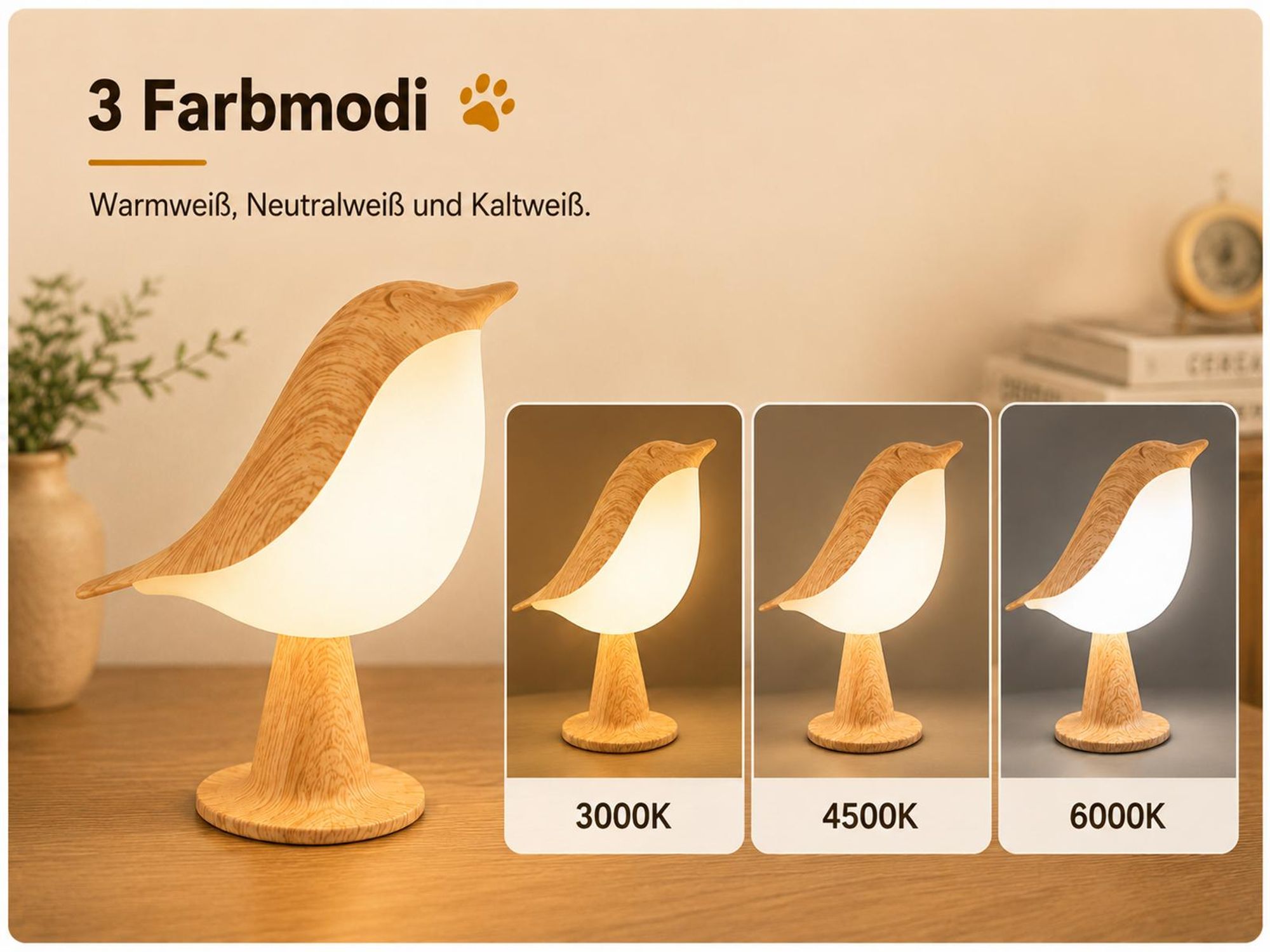 Nachtlicht mit Touch Control, 1x Kabellos Dimmbar LED Akku Lampe USB Tischlampe Vogel Nachttischlampe Für Kinder Erwachsene Geschenke Deko, 1800mAh