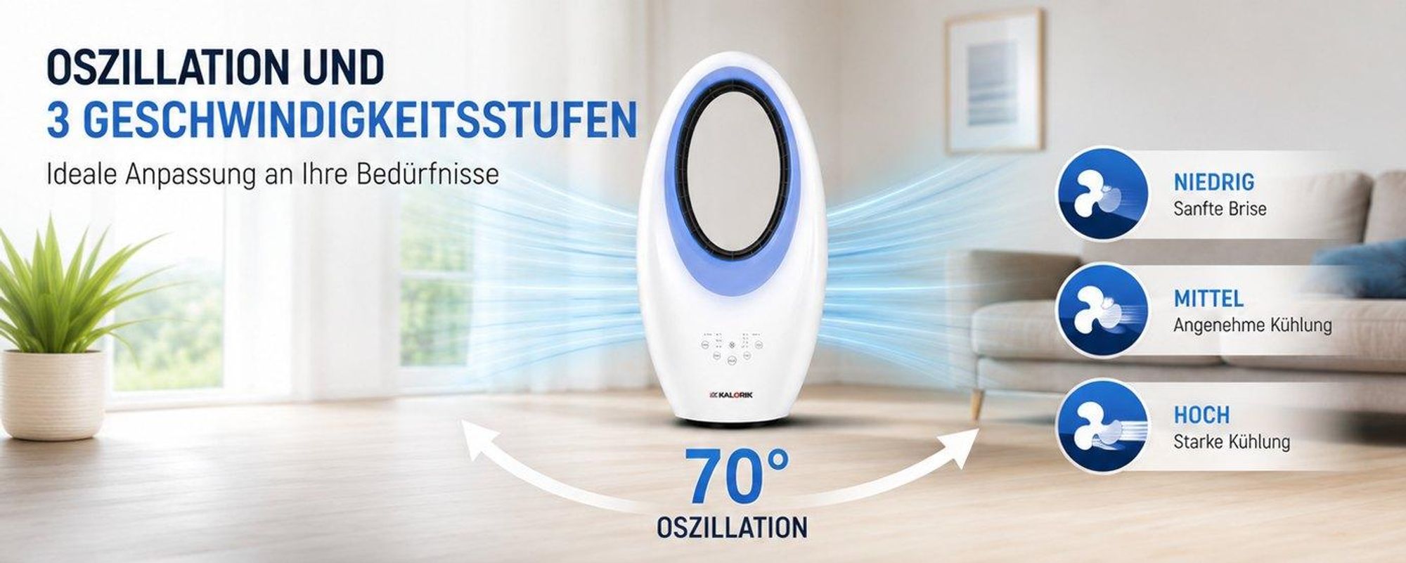 KALORIK TKG VT 2000, Haushaltslüfter ohne Lamellen, Weiß, Tisch, 59 dB, 90°, 4 h
