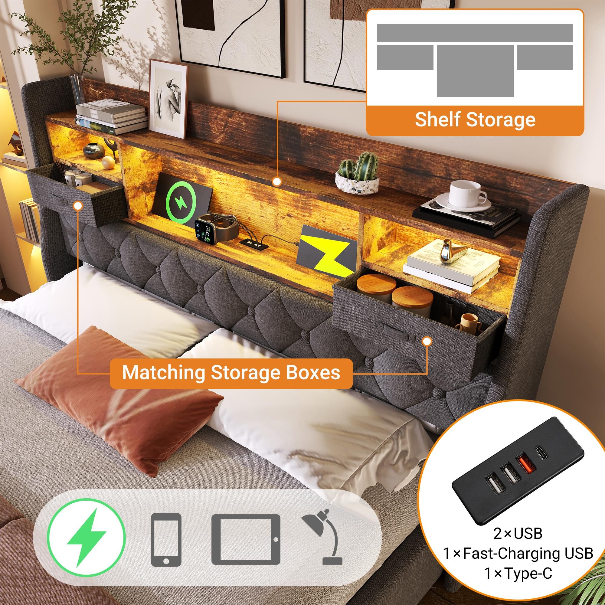 Flieks Hydraulisches Polsterbett 180x200cm mit Usb & Type-c, Boxspringbett Doppelbett mit Led, Jugendbett Stauraumbett mit Schubladen, Leinen, Grau