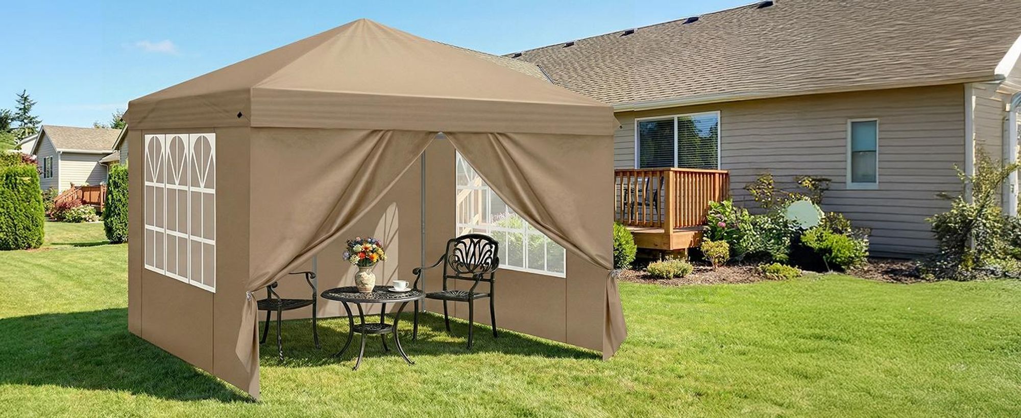 FCH Faltpavillon 3x3 m Gartenpavillon mit 4 Seitenteilen, Pavillon mit 4 Sandsäcke Pavillon Pop Up Partyzelt,Khaki