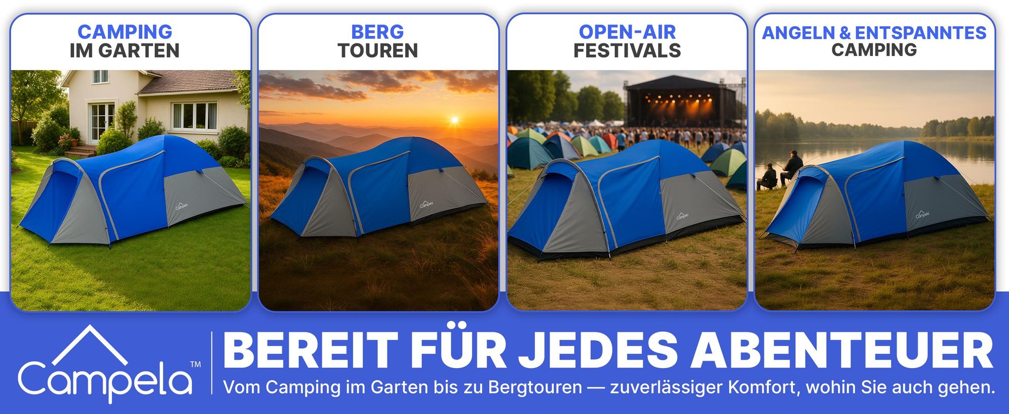 3-Personen Campingzelt Iglu – wasserdicht 3000 mm – mit Vorraum und Moskitonetz – Grau/Blau