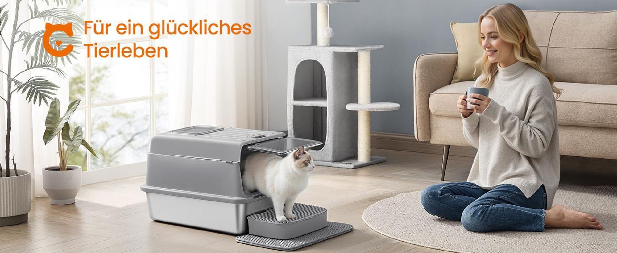 Feandrea Katzenklo Edelstahl, Katzentoilette mit Deckel, mit Schaufel, Katzenstreumatte und 2 Eingängen, für Katzen bis 15 kg, hellgrau