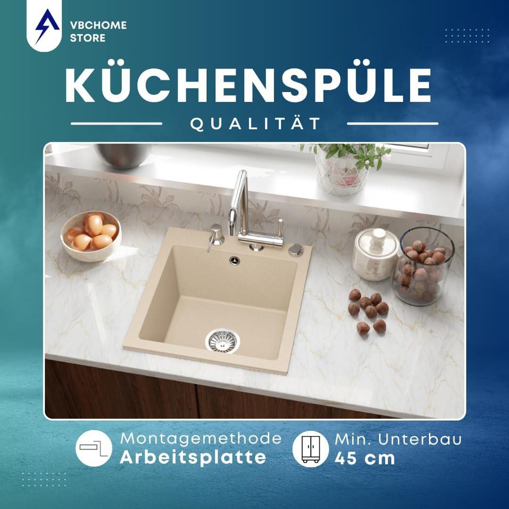 VBChome Granitspüle 50 x 48 cm Beige mit Armatur Einzelbecken Einbauspüle Gesprenkelt Pflegeleichtes Spülbecken mit Siphon Ideal für kleine Küchen