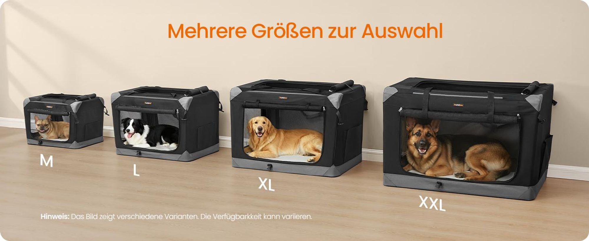 FEANDREA Hundebox faltbar, tragbar, Oxford-Gewebe, 4 Türen, mit Griffen und Seitenfach, für Reisen, 106,7 cm, schwarz-grau