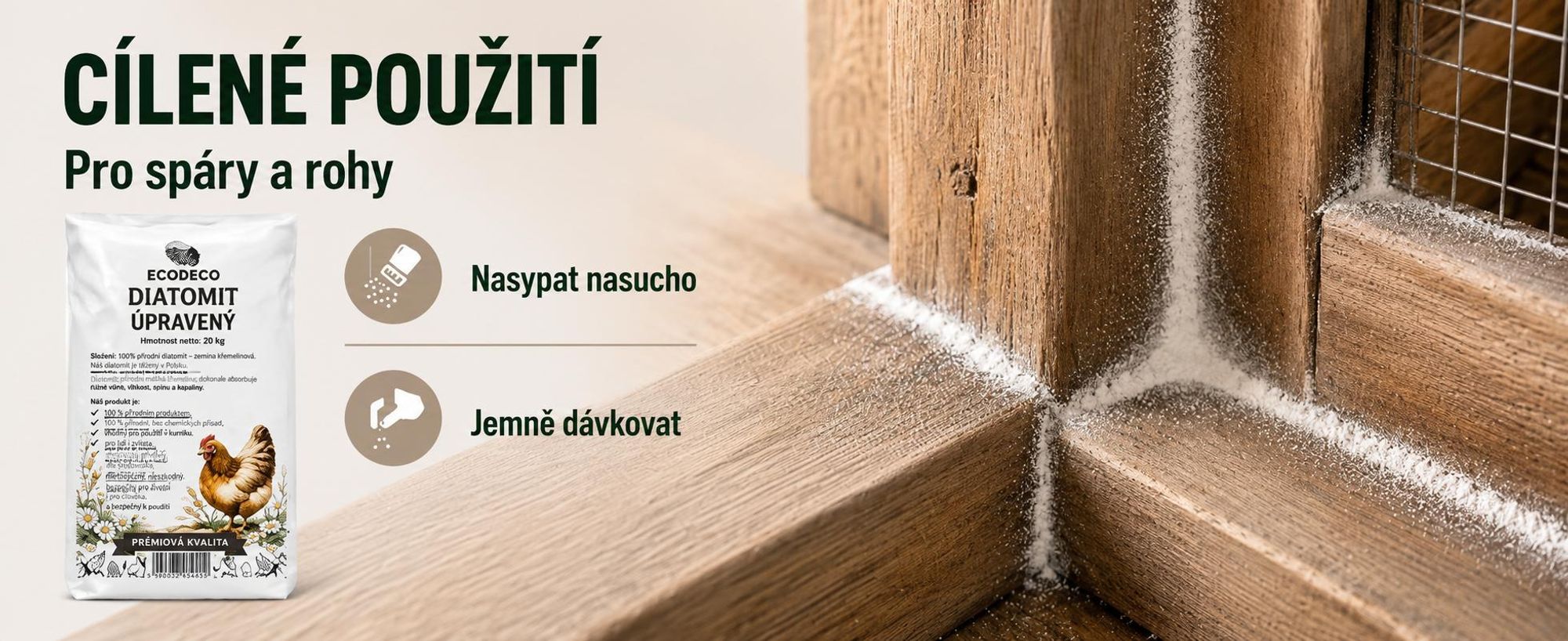 Ecodeco, křemelitá zemina (diatomit), 20 kg, pro slepčí hnízda, stelivo a chov zvířat – minerální materiál, který dobře absorbuje vlhkost, bez zápachu
