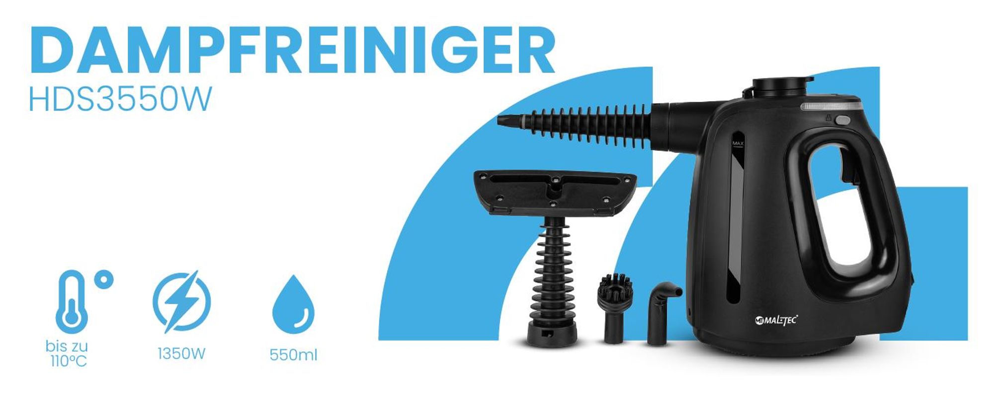 MalTec Dampfreiniger Hochdruckreiniger 1350W Handgerät für Fenster Polstermöbel Fuge 3 bar