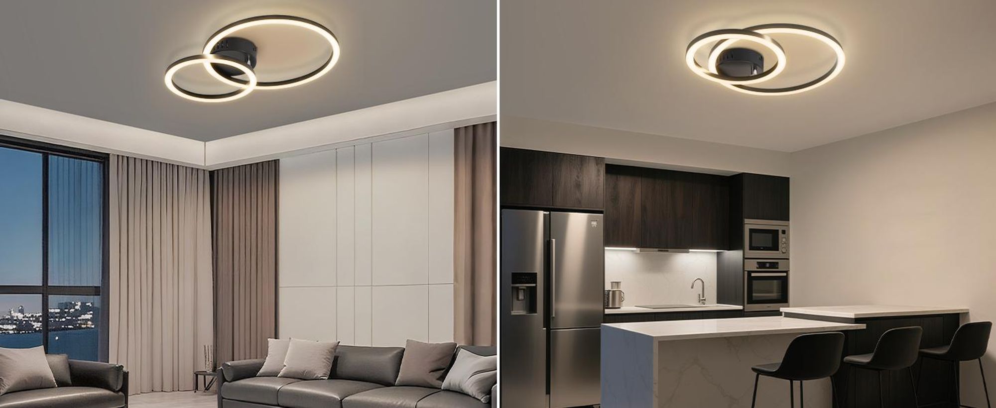 ZMH Plafondlamp keuken LED, plafondlamp woonkamer - 23W keukenlamp, 3000K warm wit, woonkamerlamp, modern, slaapkamerlamp, 2-ringen design, plafondverlichting voor slaapkamer, hal, kantoor, balkon