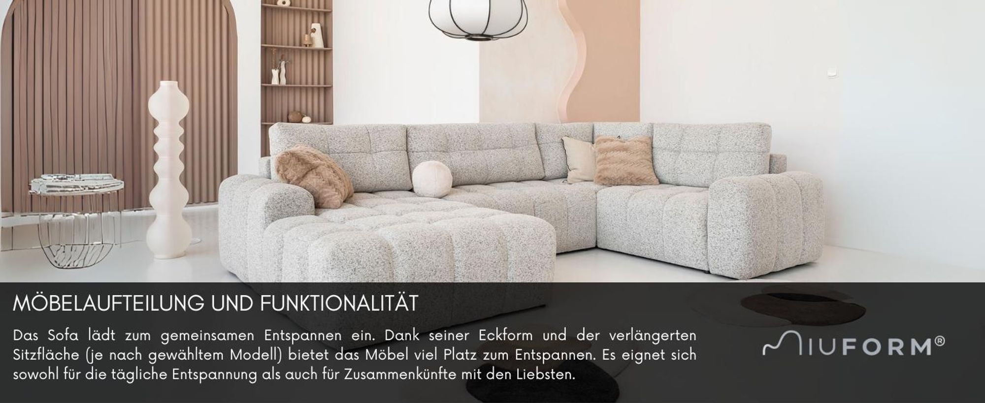 MIUFORM Lulu Ecksofa mit Bettfunktion und Bettkasten U-FORM RECHTS – 333 x 213 cm - Salz und Pfeffer- Sofa Schlafsofa Couch Modulsofa