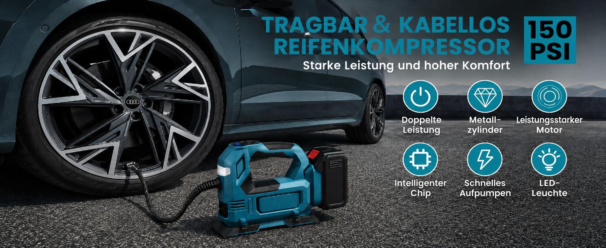 Akku-Kompressor, mit 2 Akkus und Ladegerät, Elektrische Luftpumpe mit LED-Leuchte,Auto-Stopp und Digitalmanometer für Autos,Motorräder,Fahrräder,Bälle