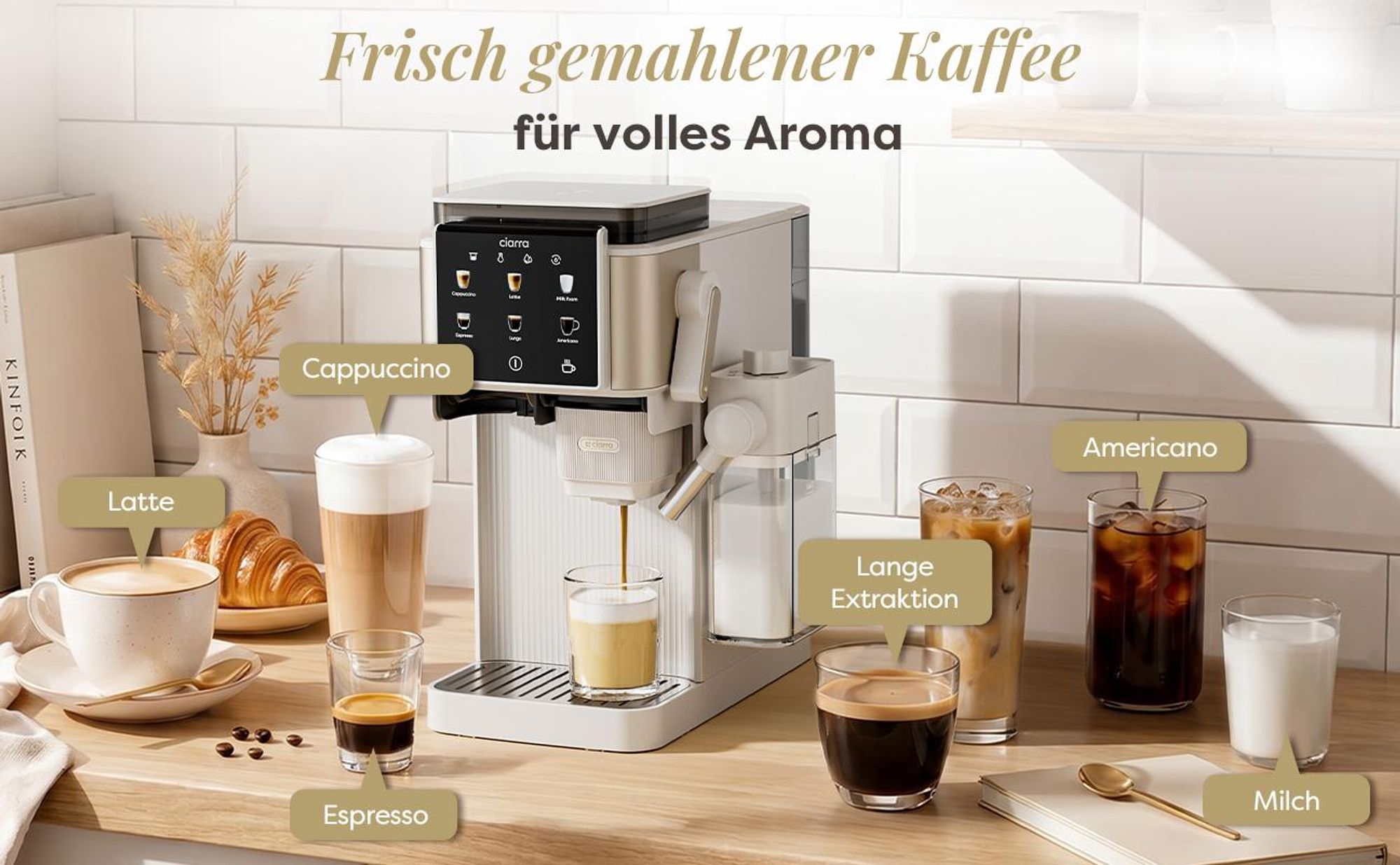 CIARRA Kaffeemaschine mit Mahlwerk Bohnen, 15 Bar, Touch-Display, Espressomaschine mit Milchaufschäumer(300 ml), 6 Mahlstufen CBSACM-D6