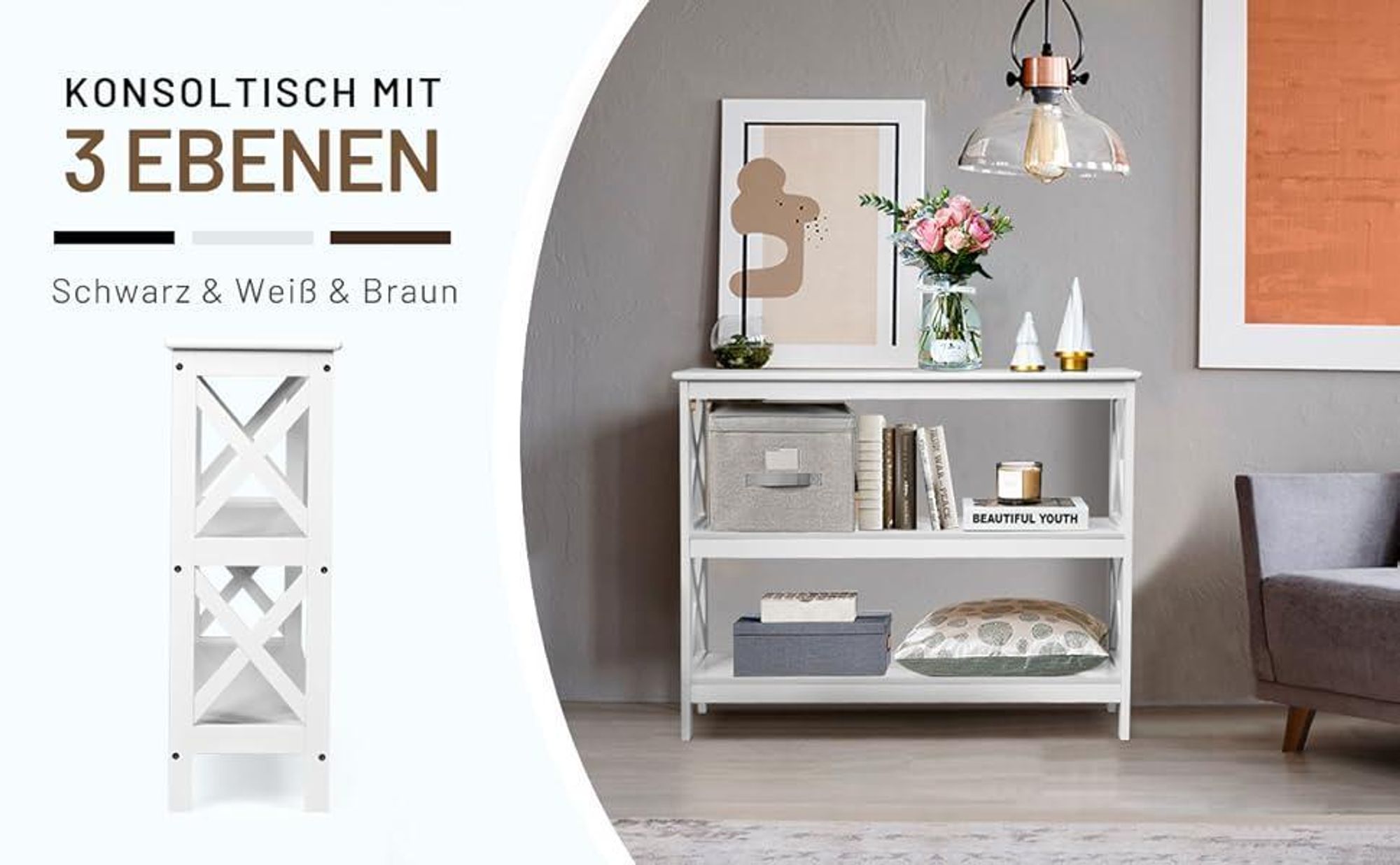 COSTWAY Konsolentisch 3 Ebenen, Sideboard Beistelltisch Industrie Design mit Ablage, Sofatisch Flurtisch 100 x 33 x 80 cm Schwarz