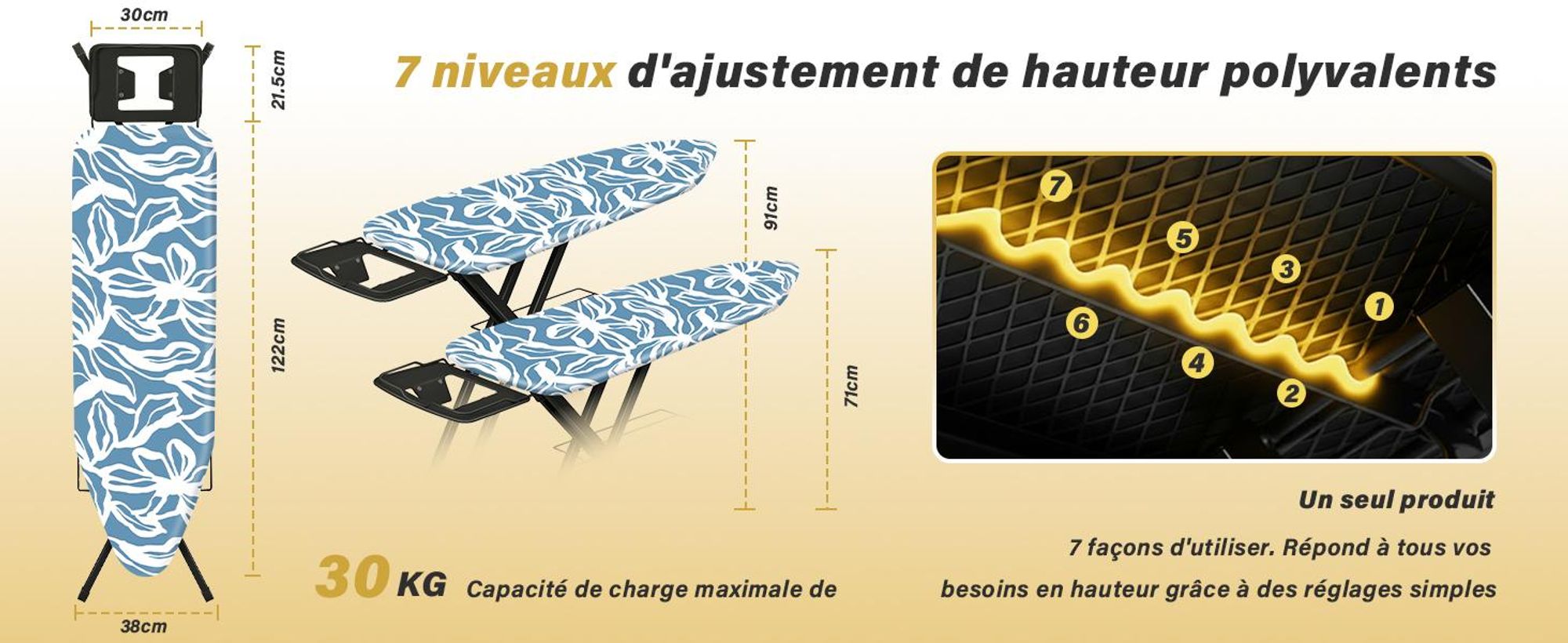 STANEW Table à Repasser 122 x 38 cm,Planche à Repasser Pliable,pour Centrale Vapeur,Système Anti-Fermeture,Hauteur Réglable,avec Housse en 100% Coton