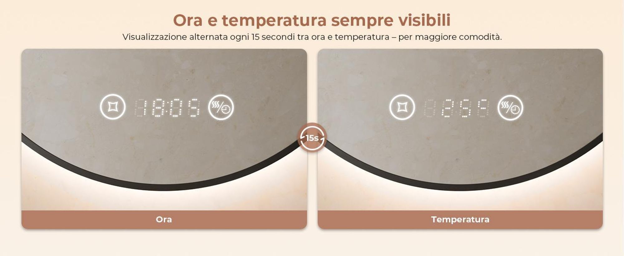 S'AFIELINA Specchio da bagno LED Rotondo 80cm, touch, antiappannamento, dimmerabile, orologio, temperatura, memoria, Nero