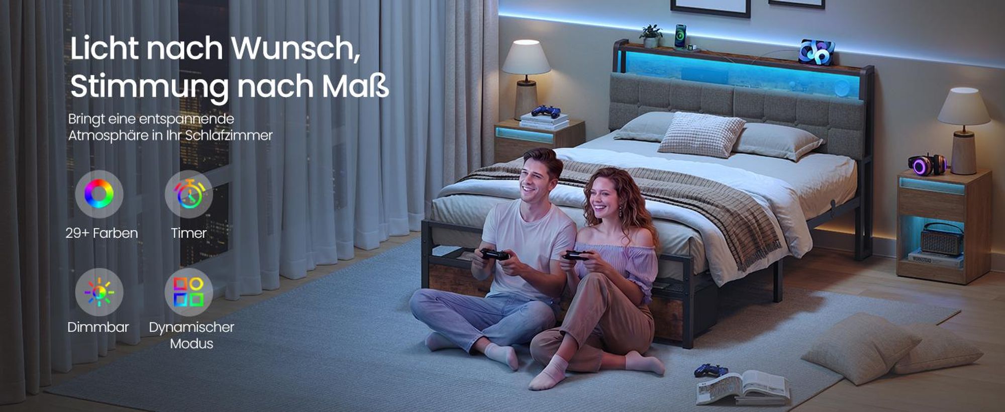 Bettgestell 140 x 200 cm, mit 2 Schubladen, LED-Beleuchtung, Schlafzimmer, Kopfteil, schwarz-braun